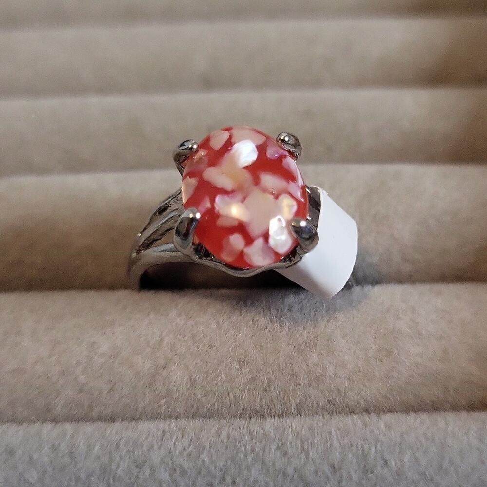 Solitaire Coral Topaz with Crushed Seashell Ring Size 8